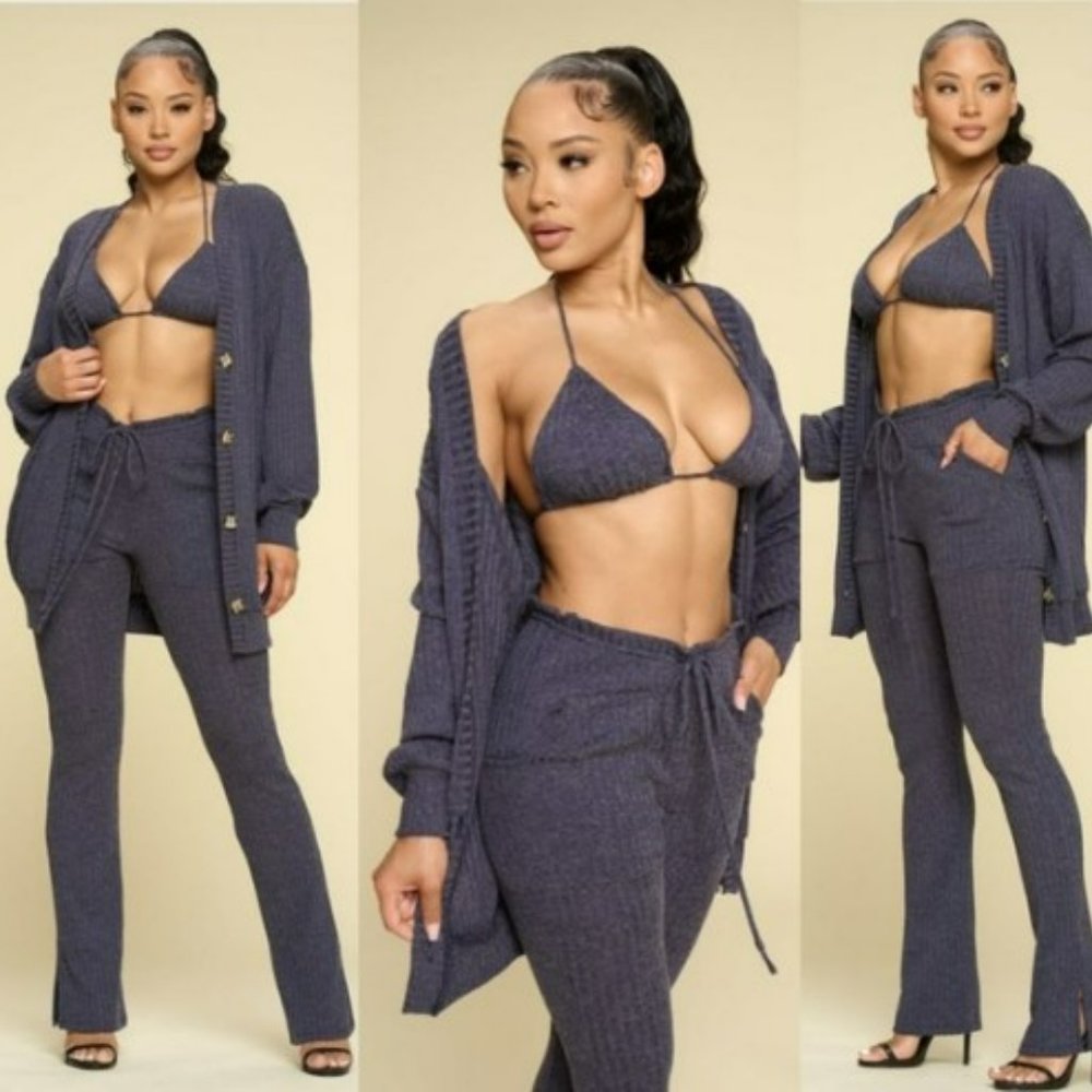 3PC set Cardigan Bottoms Top Blue Gray - Picture 2 of 7